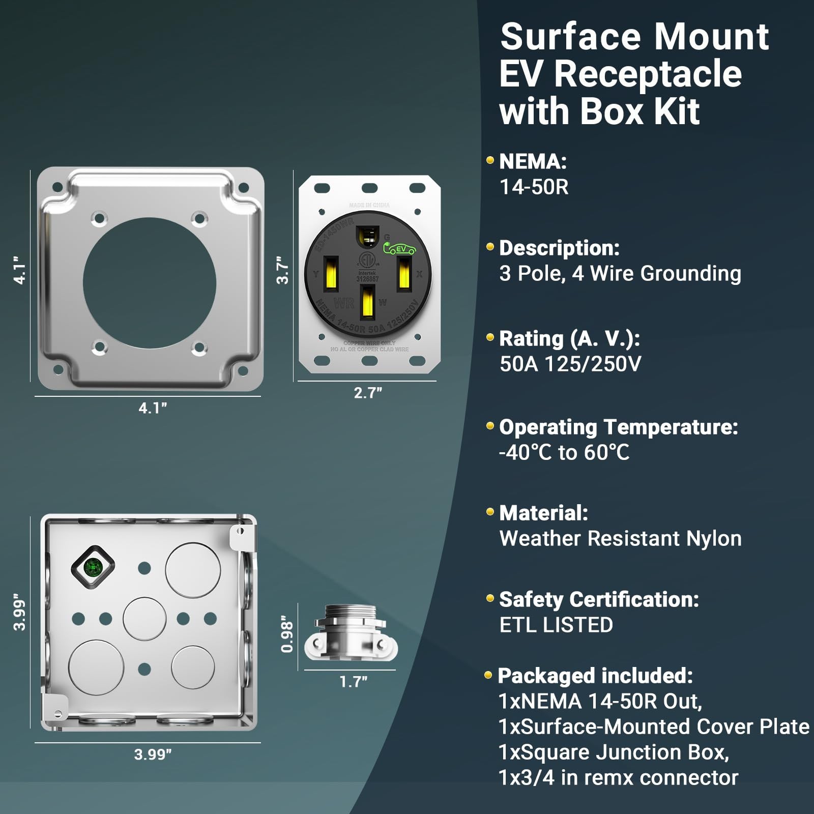 Nema 14-50 EV Outlet with Surface Mount Box Kit, Weather Resistant 50 amp EV …