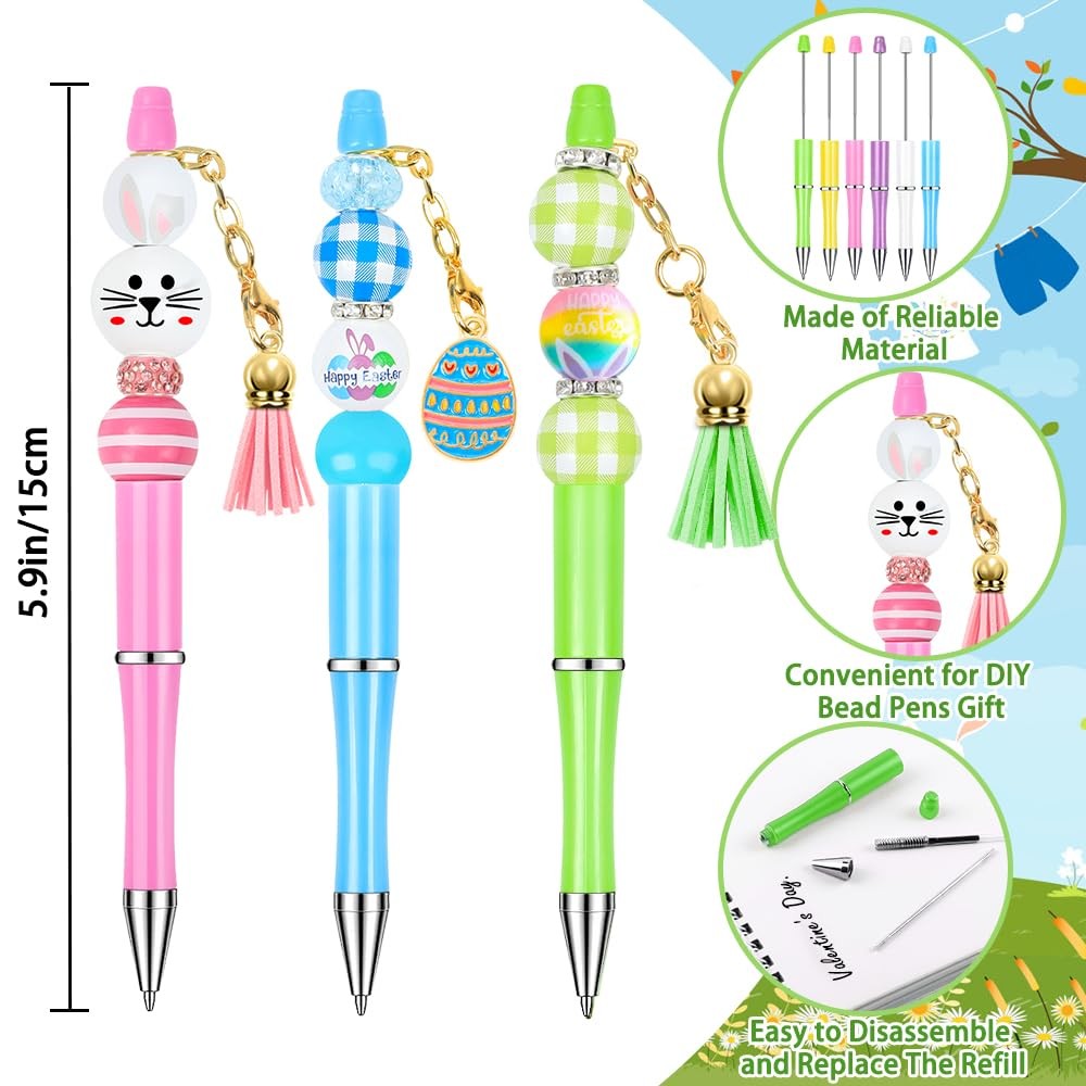 Vellibring 12 Sets Easter Beadable Pens Rabbit and Egg Ballpoint Green
