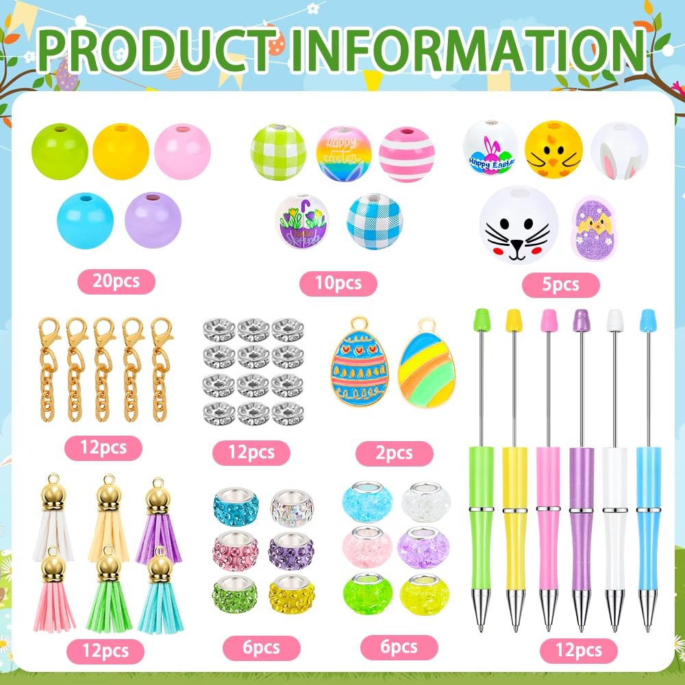 Vellibring 12 Sets Easter Beadable Pens Rabbit and Egg Ballpoint Green