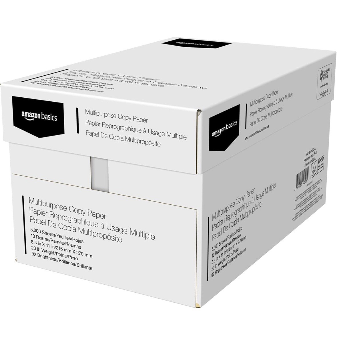 Amazon Basics Multipurpose Copy Printer Paper, 8.5 x 11 in, 20 lb, 5000 sheets