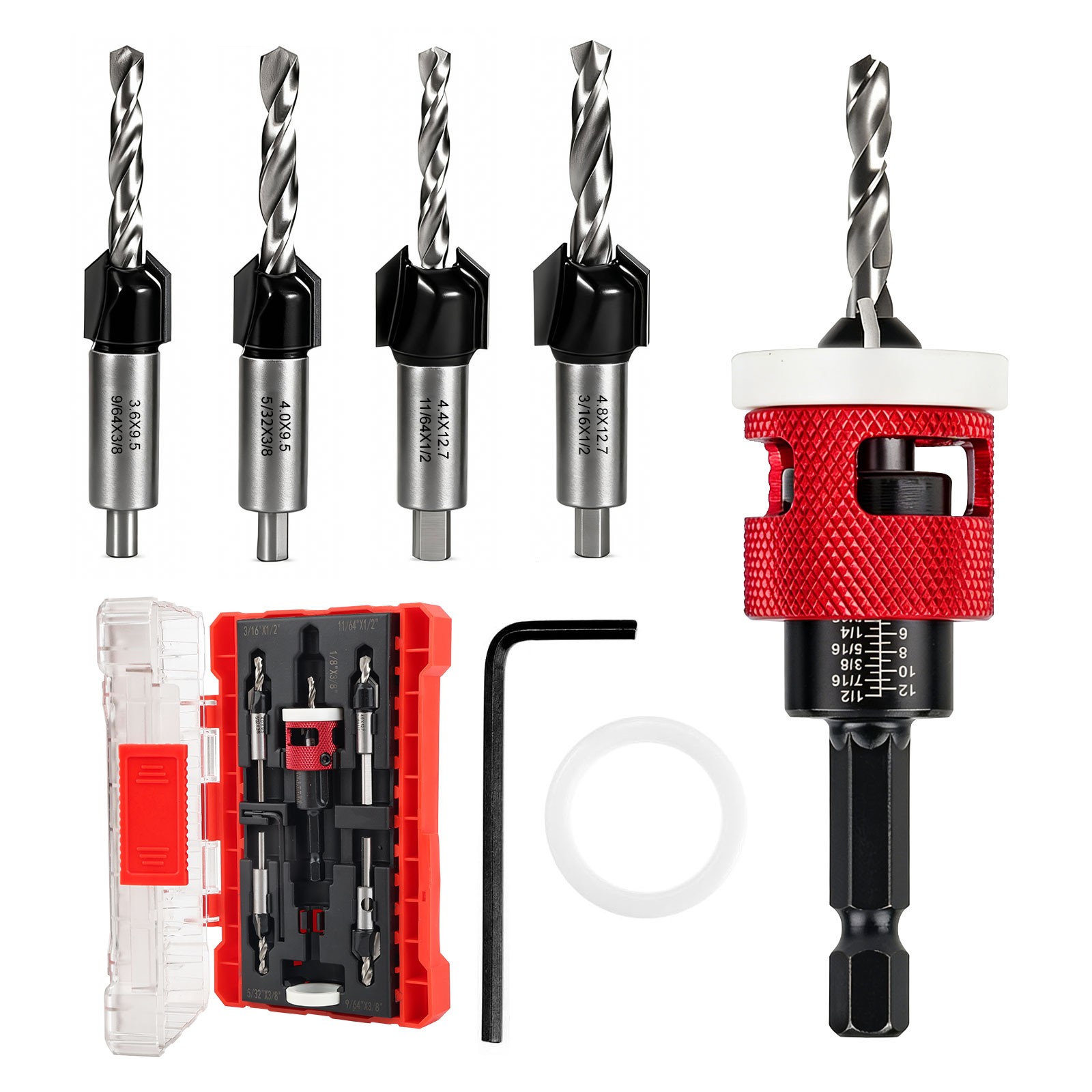 5X1/8-3/16″Countersink Drill Bit Set 82° Woodworking Chamfer Tool 1/4″ Hex Shank