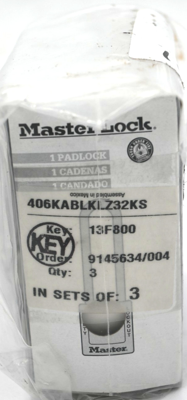MASTER LOCK 406KABLKLZ32KS PADLOCK, ISOLATION MAS Key:13F800 (SET OF 3PCS)