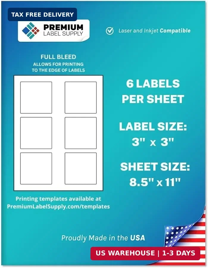 Premium Label Supply White Sticker Square Labels – 3″ x 3″ – Laser/Inkjet Compat