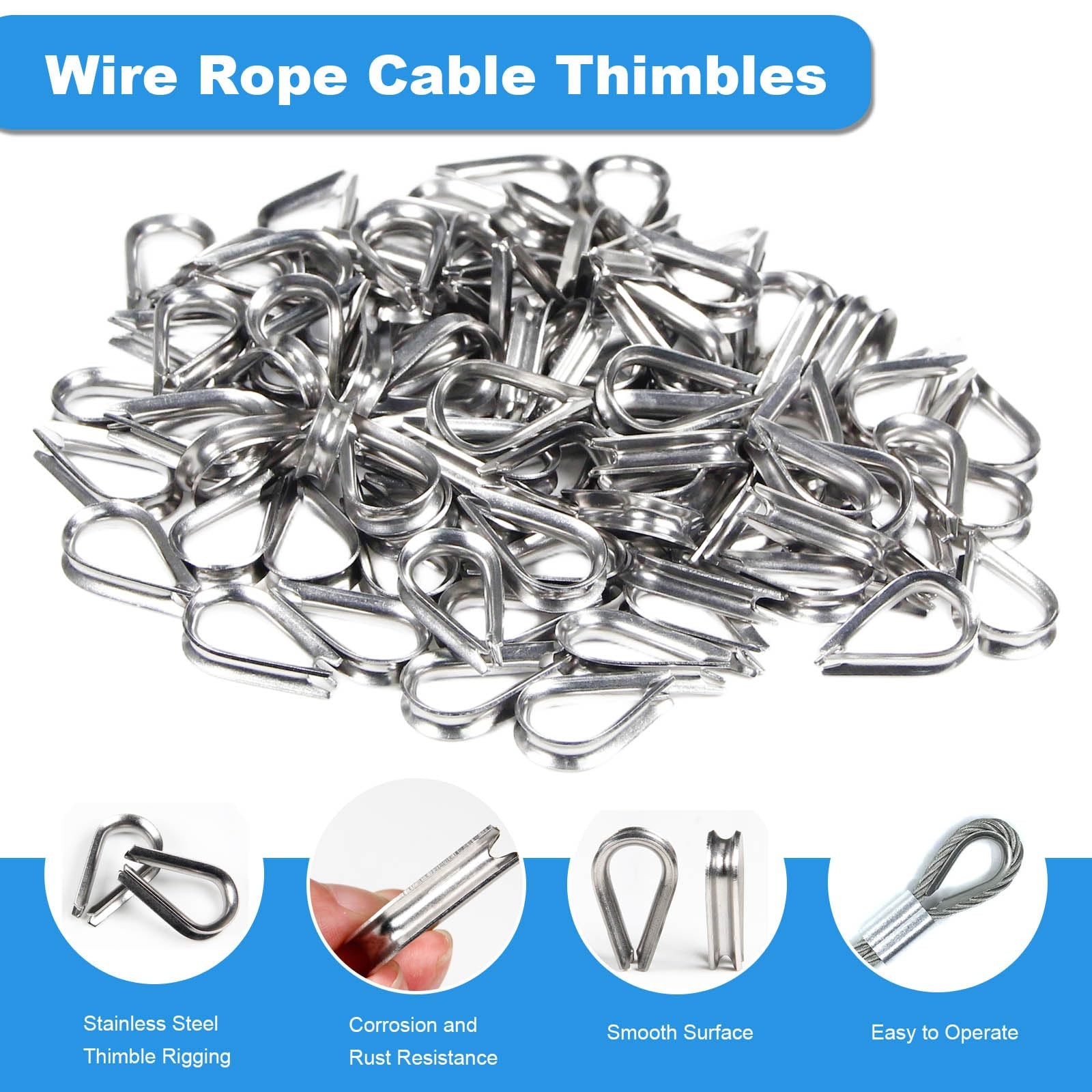 20 Pcs M5 3/16 Inch Stainless Steel Wire Rope Thimbles Cable Rigging Set