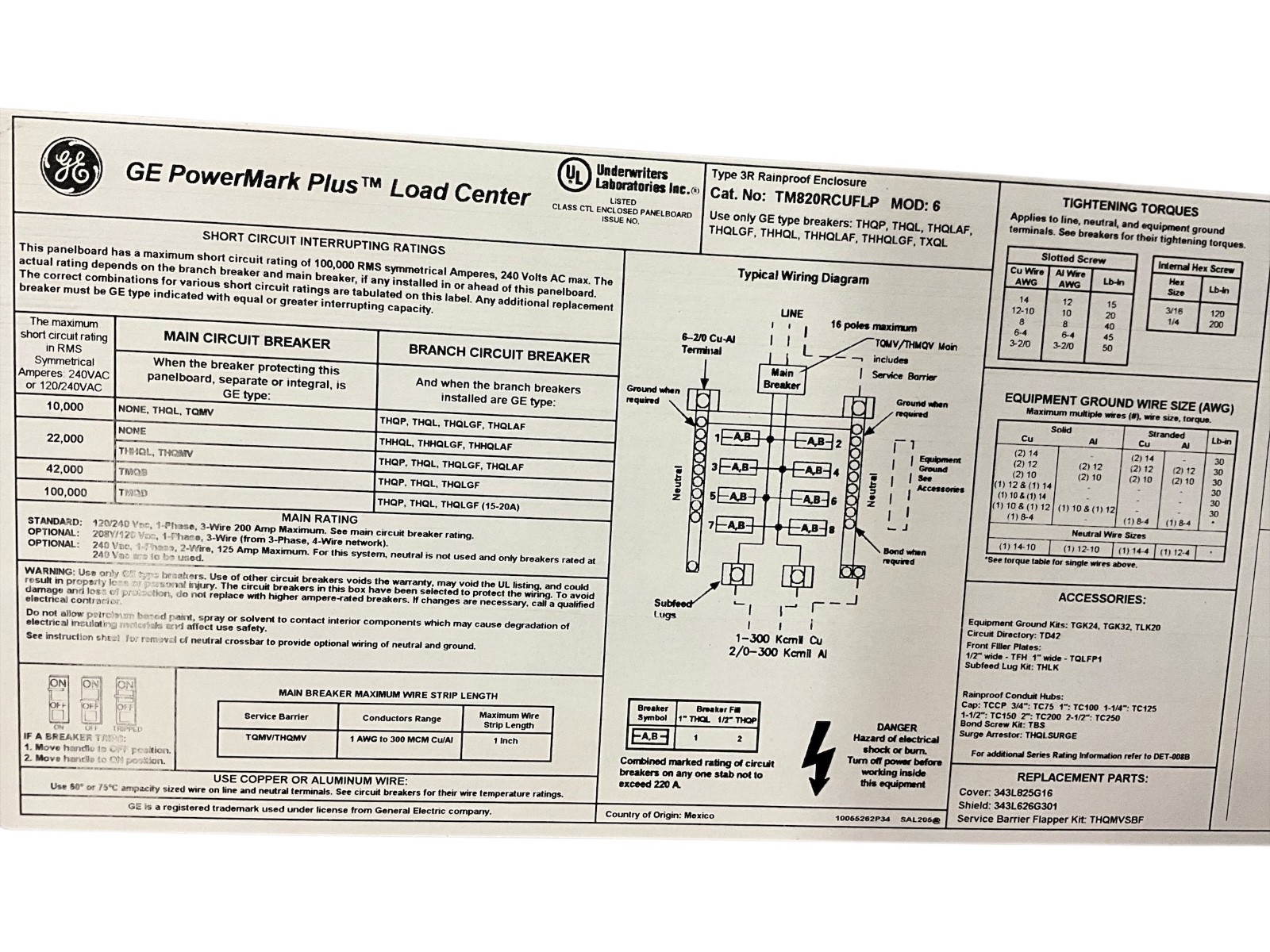 GE Main Breaker Circuit 200 Amp, 8 Spaces, 16 circuits TM820RCUFLP