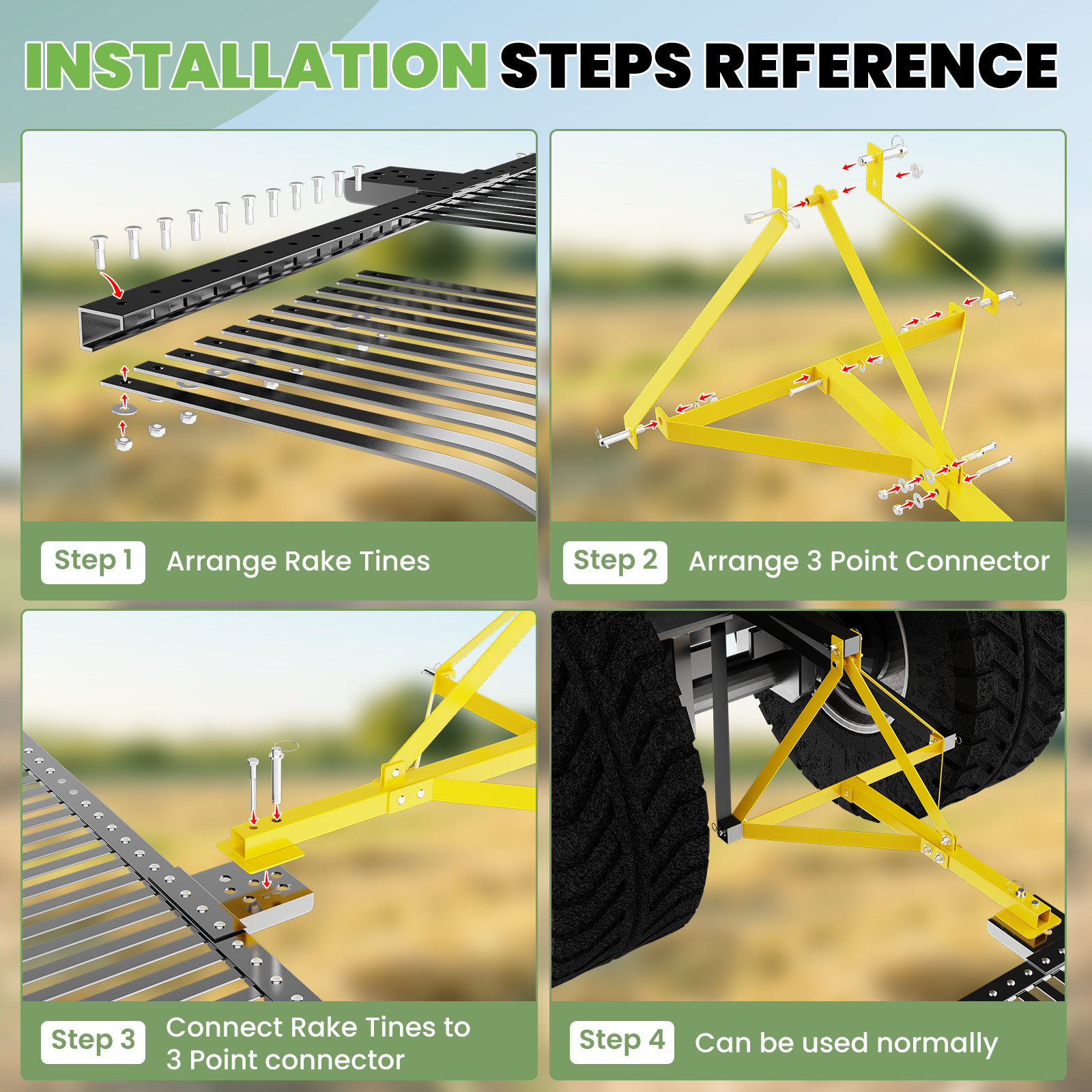 60″ Landscape Rock Rake 3 Point Cat 1 Tractor Attachment Soil Gravel Lawn Heavy