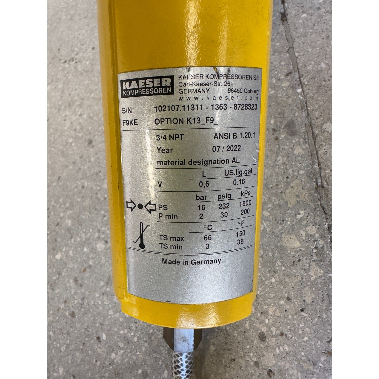 Kaeser F9KE Compressed Air Line Filter 3/4 NPT 232 psi Aluminum Germany 2022