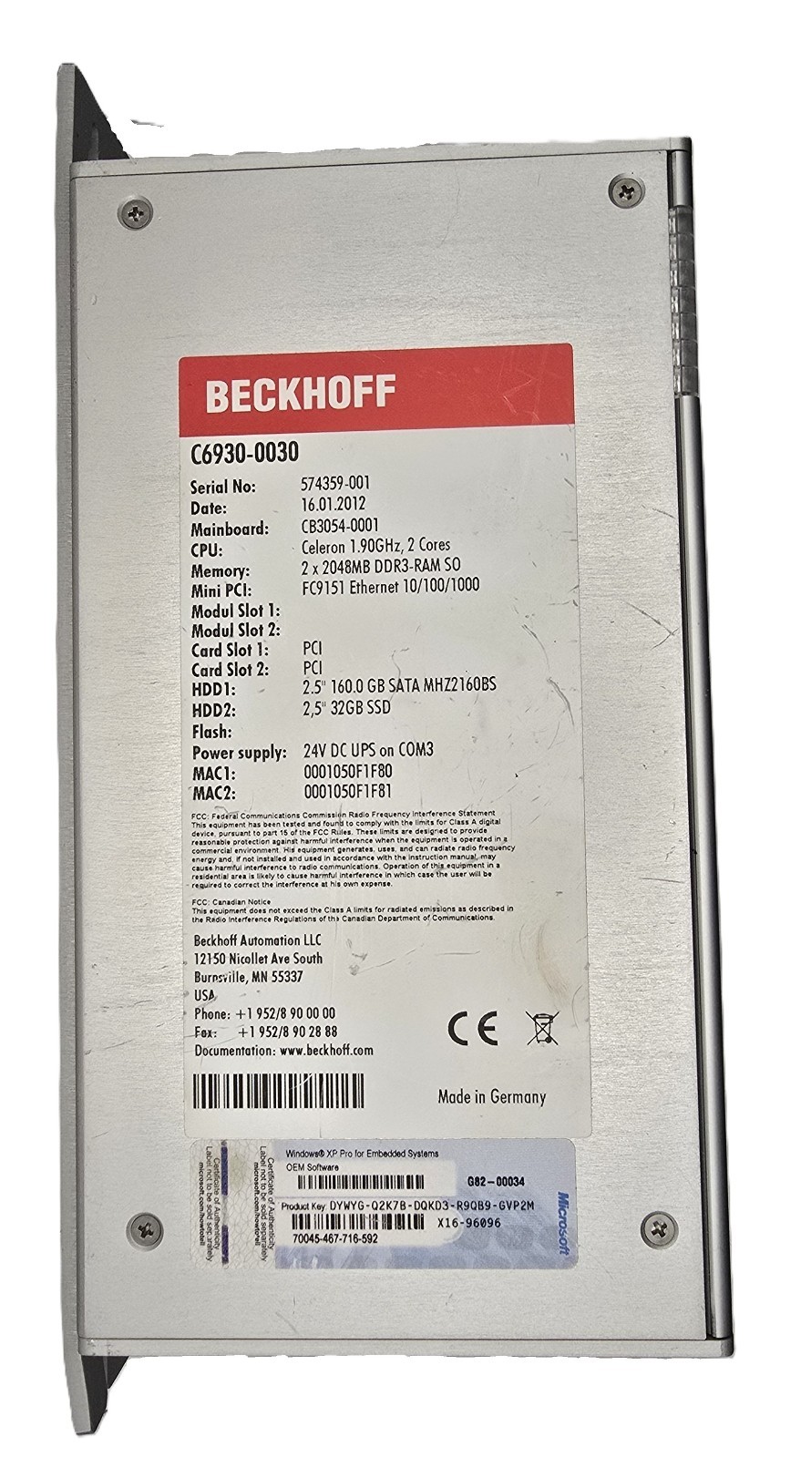 Beckhoff C6930-0030 Control Cabinet Industrial PC Celeron 1.9GHz 4GB RAM CB3054
