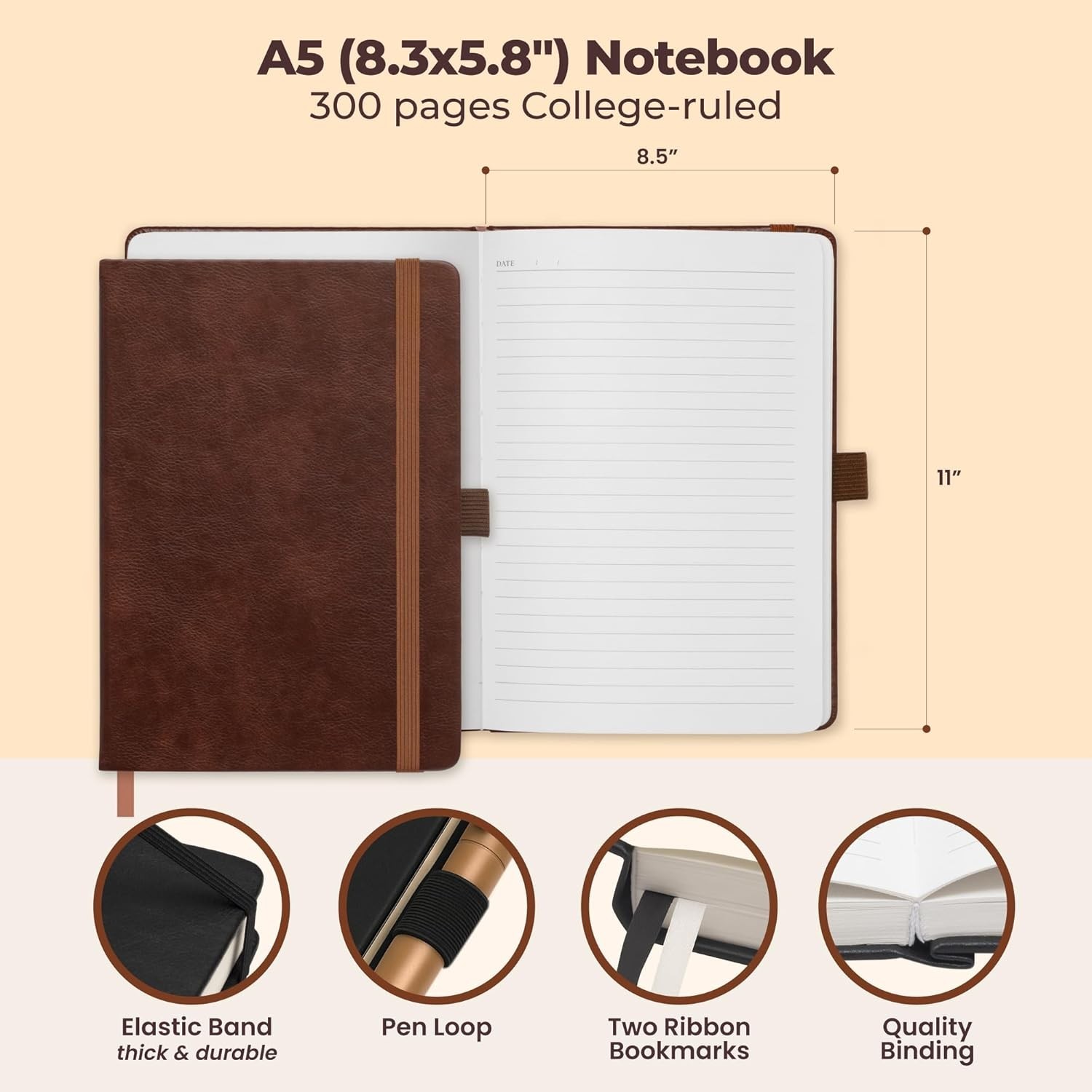 Lined Leather Bound Journal Notebook, A5 Hardcover – Brown 5.8×8.3″ A5,
