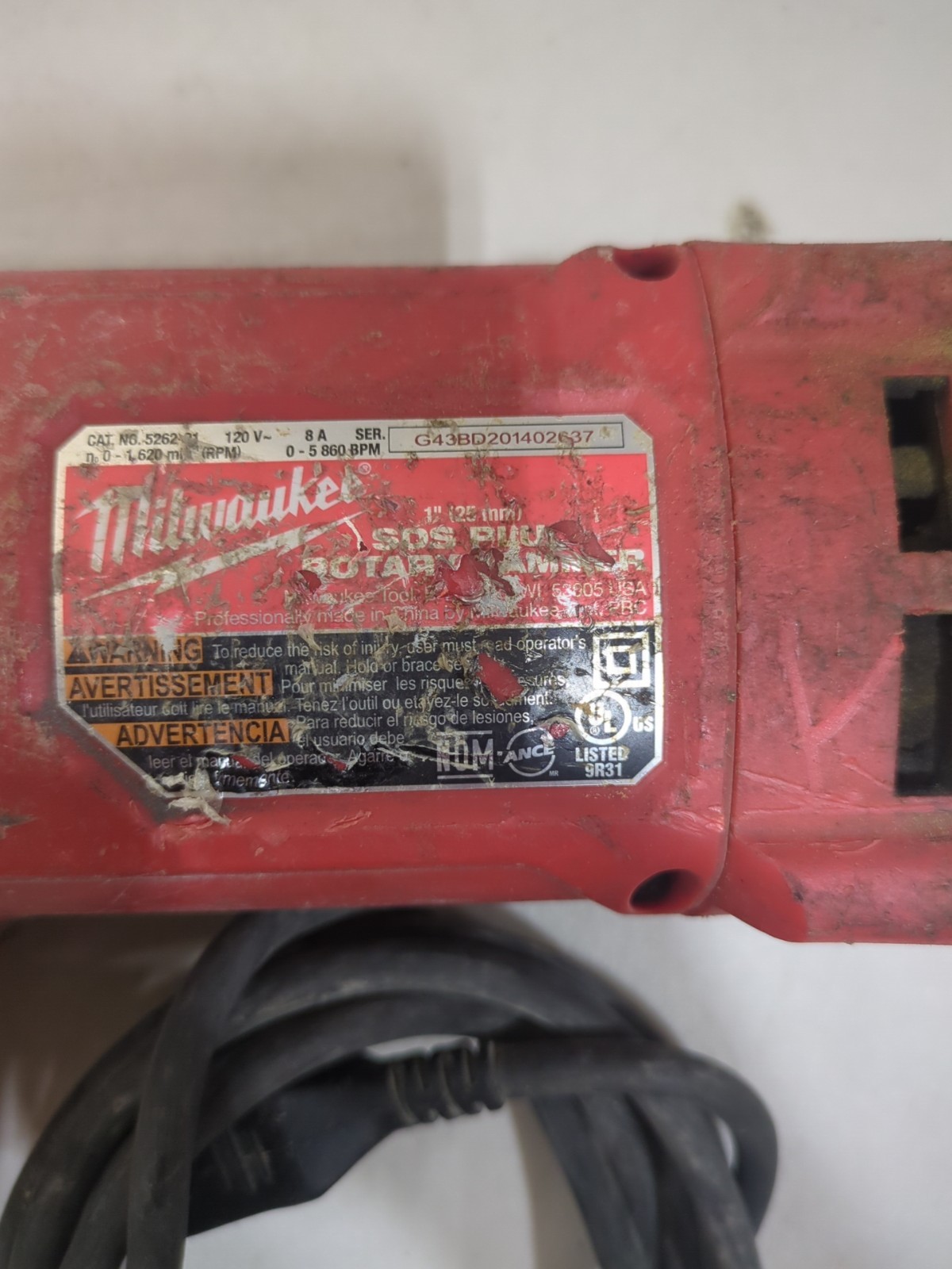 Milwaukee BROKEN 5262-81 1″ SDS Plus Corded Rotary Hammer BROKEN