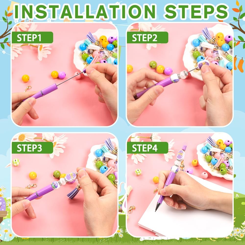 Vellibring 12 Sets Easter Beadable Pens Rabbit and Egg Ballpoint Green
