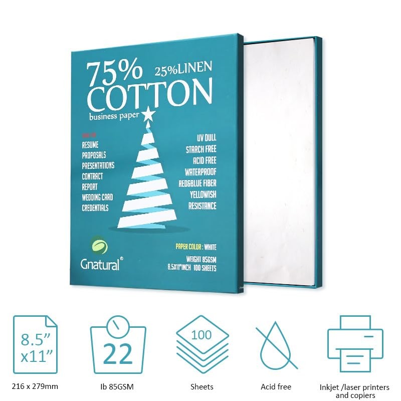 75% Cotton 25% Linen Resume Paper 85gsm 8.5x11in White Inkjet 100 Sheets