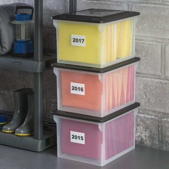 File Box, Clear Plastic Bin with Black Lid, Letter or Legal-Sized File Storage