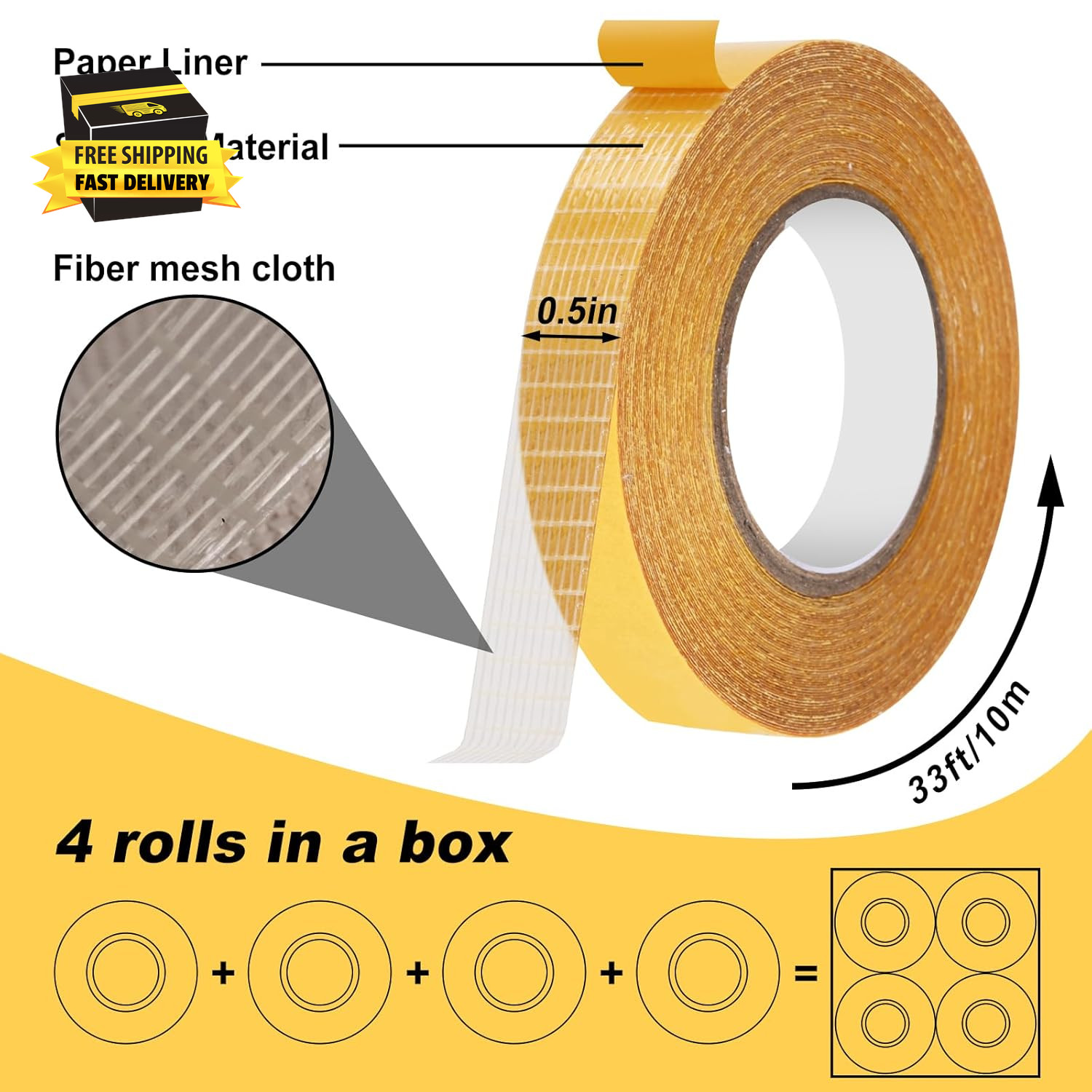 4 Pack， 0.5 in X 33Ft/10M，Double Sided Fabric Tape Heavy Duty for Hem，Fashion Dr