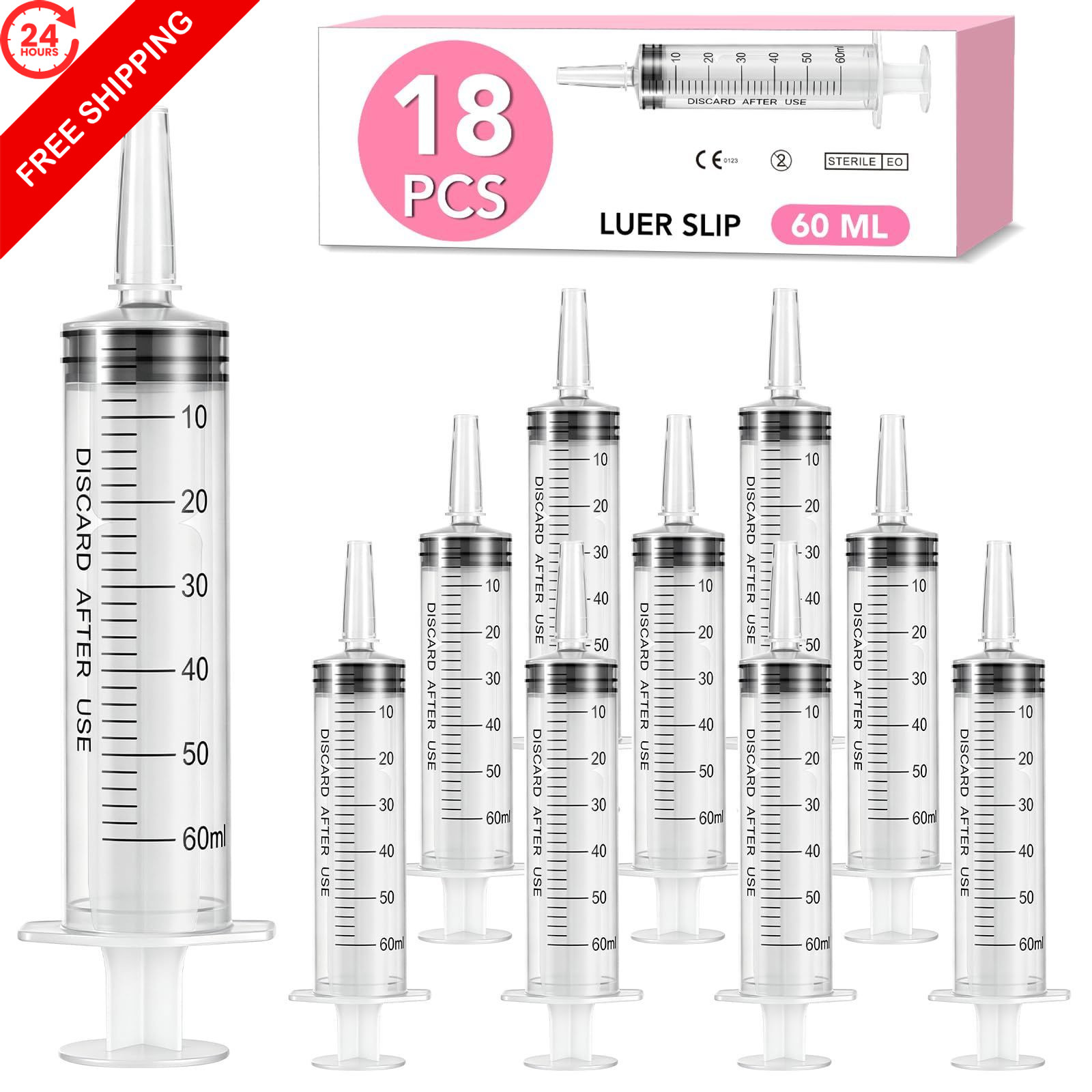 18 PCS 60ml Oral Syringe With Cap, Plastic 60 milliliters, transparent