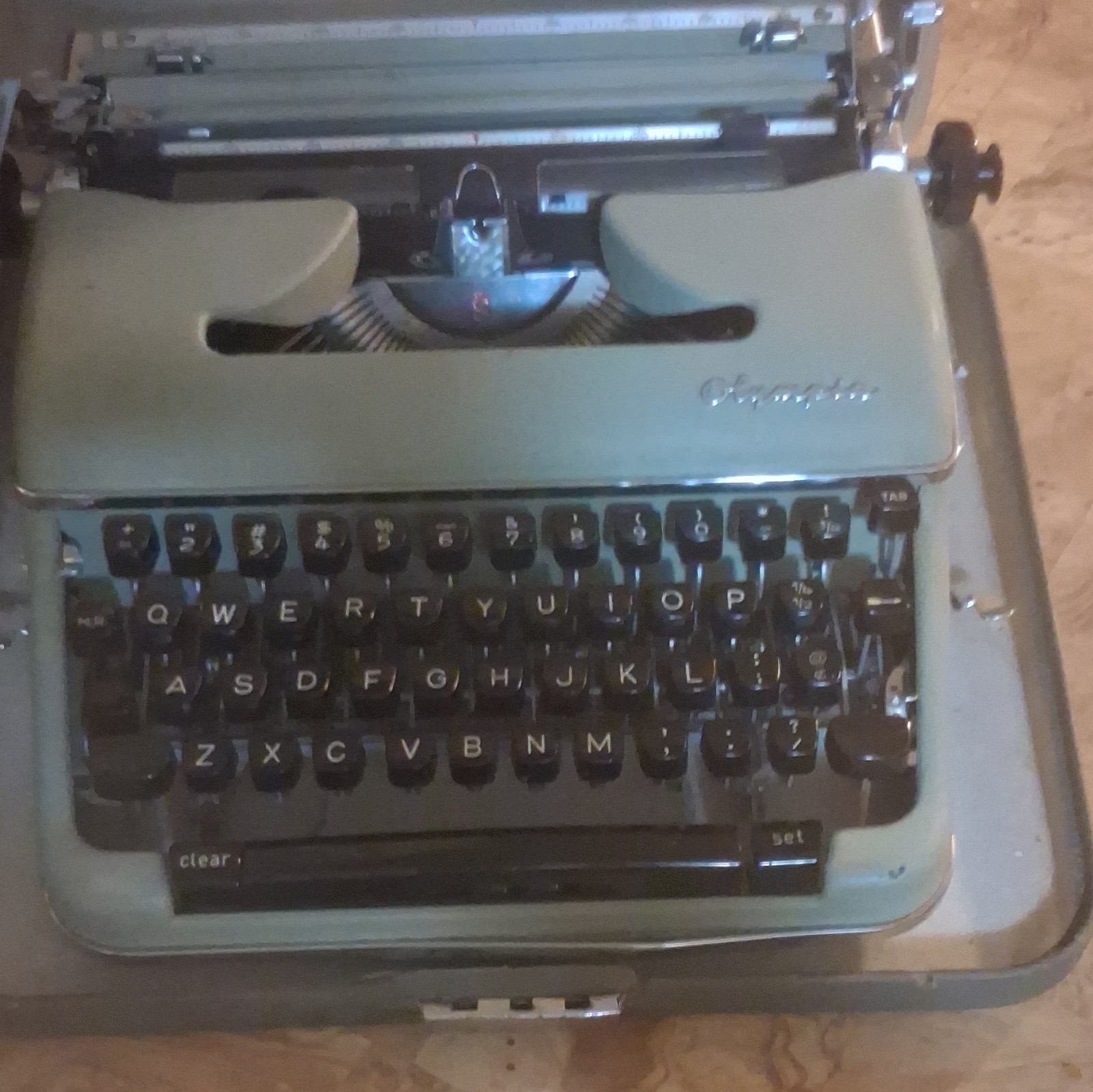 Olympia Portable Manual Typewriter Gray/Green with Carrying Case