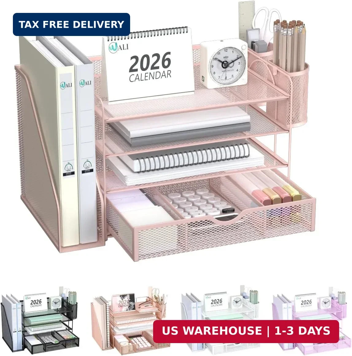 4 Tier Desktop File Organizer Letter Tray with Drawer Pen Holders Pink Office