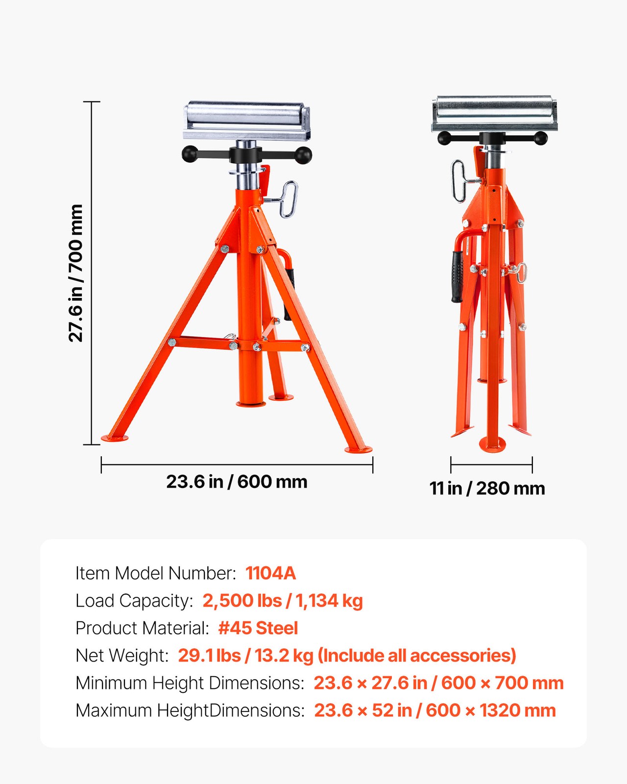 VEVOR Roller Stand 2500 LBS Load 27.6″-52″ Height Adjustable 45# Steel Foldable