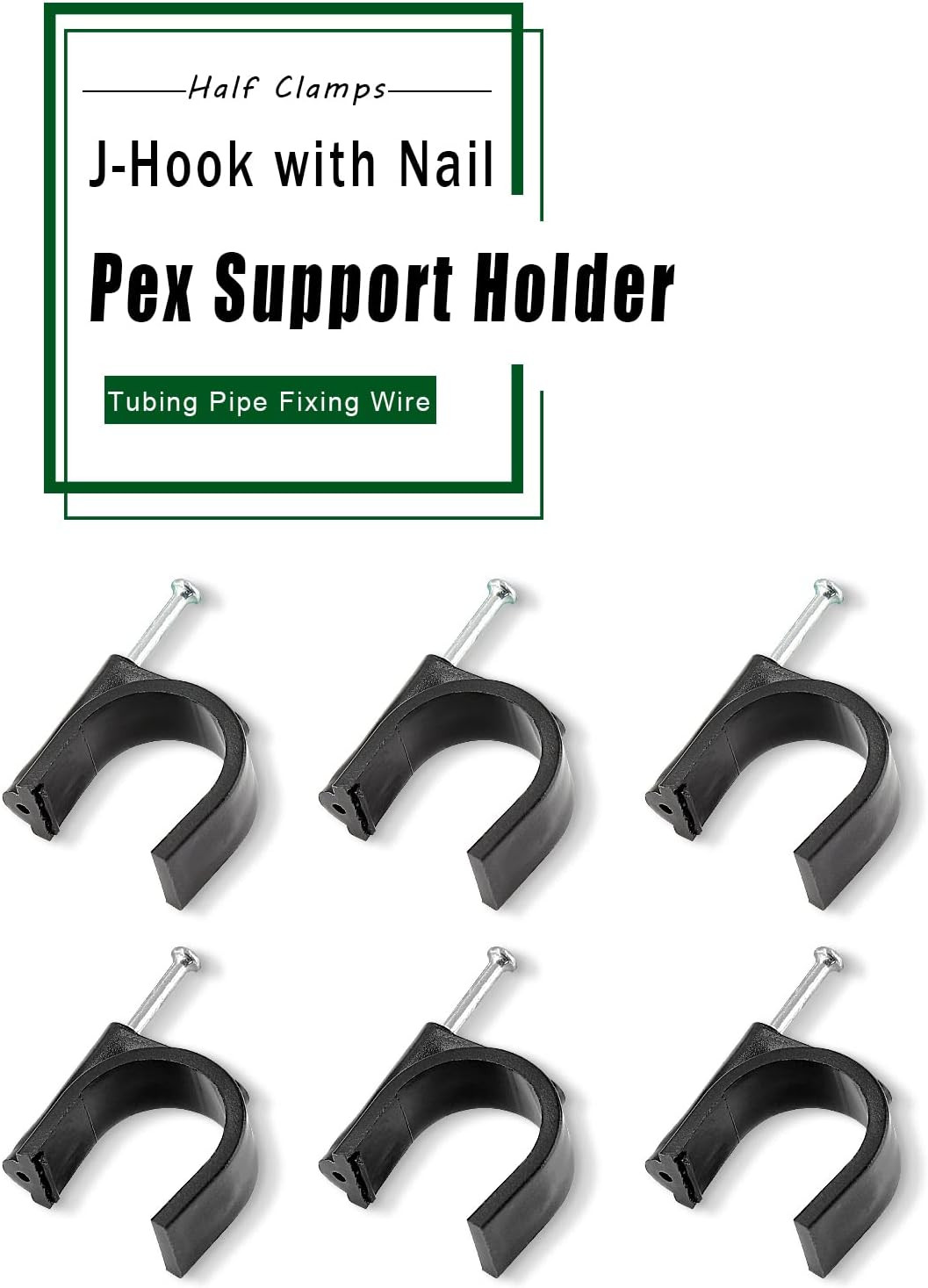 100 Pieces Half Clamps J Hook with Nail 1/2 & 3/4 Inch Black Pex Support Holder
