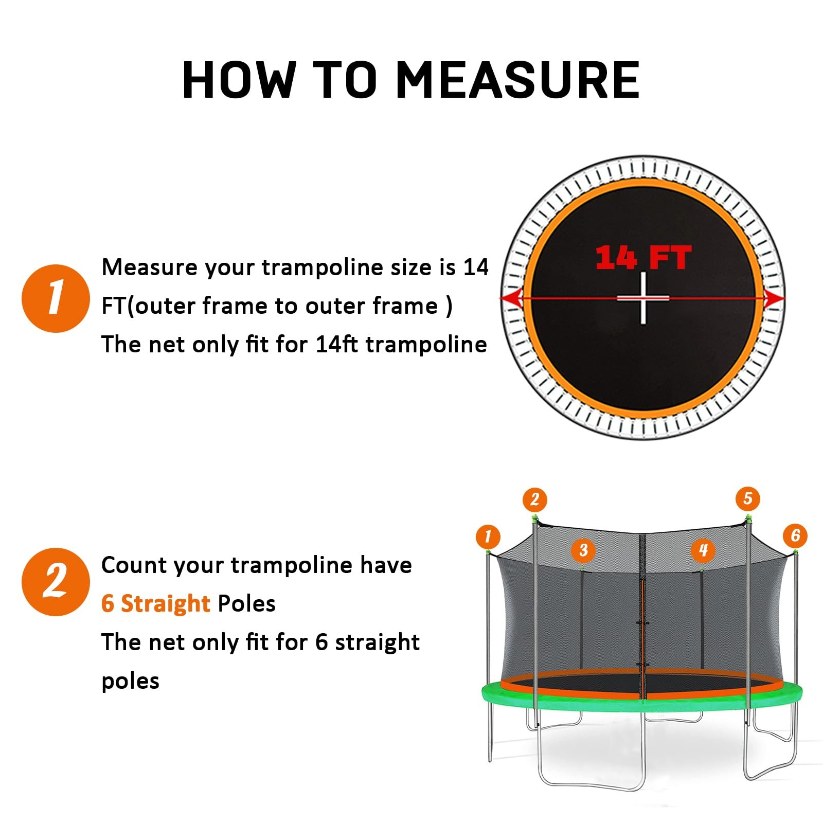 14FT Trampoline Net Replacement – 6 Straight Poles, 71in Height, UV Resistant