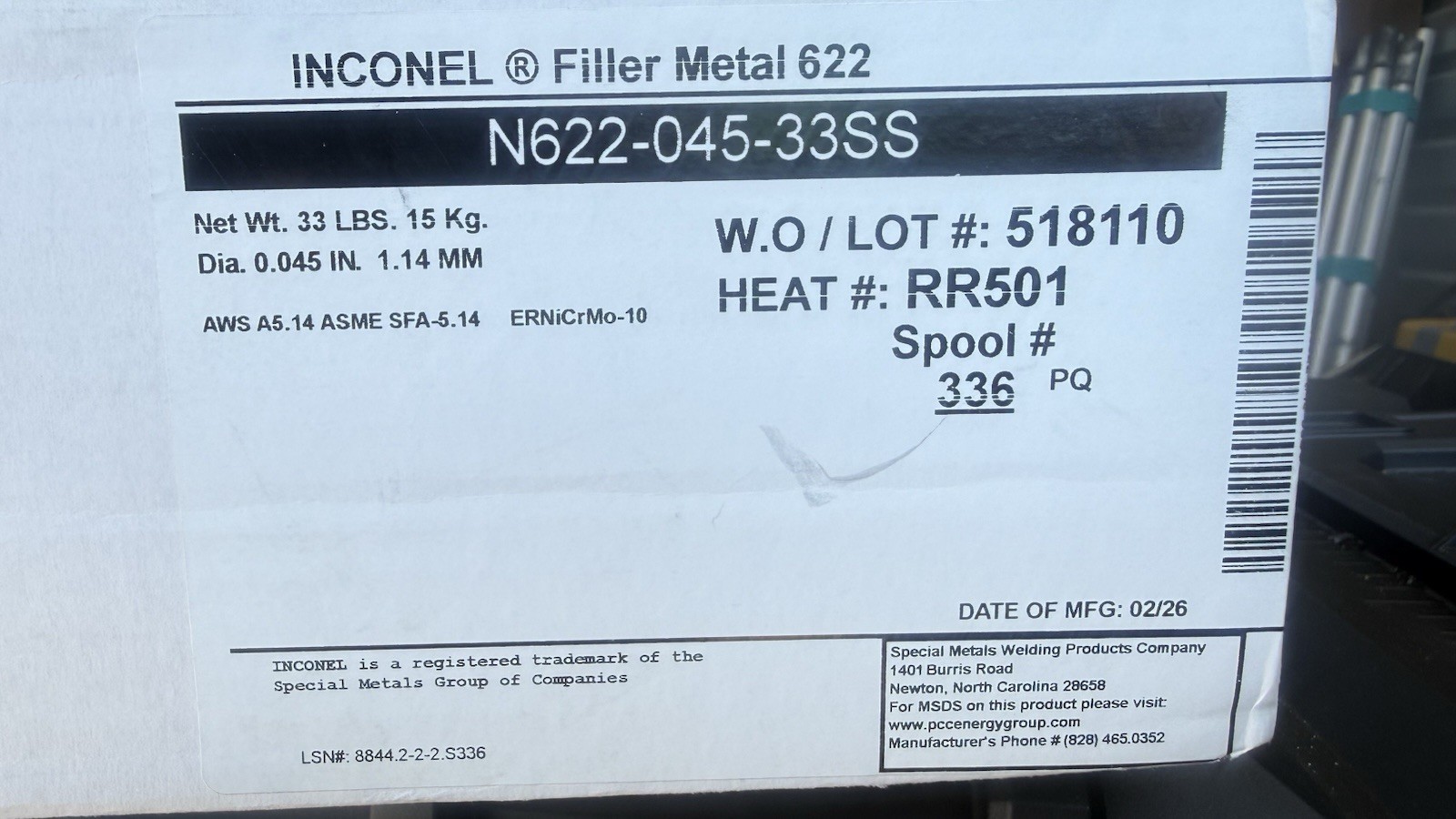 Special Metals Inconel ERNiCrMo-10 Welding Wire N622-045-33SS 0.045 in 33 lb