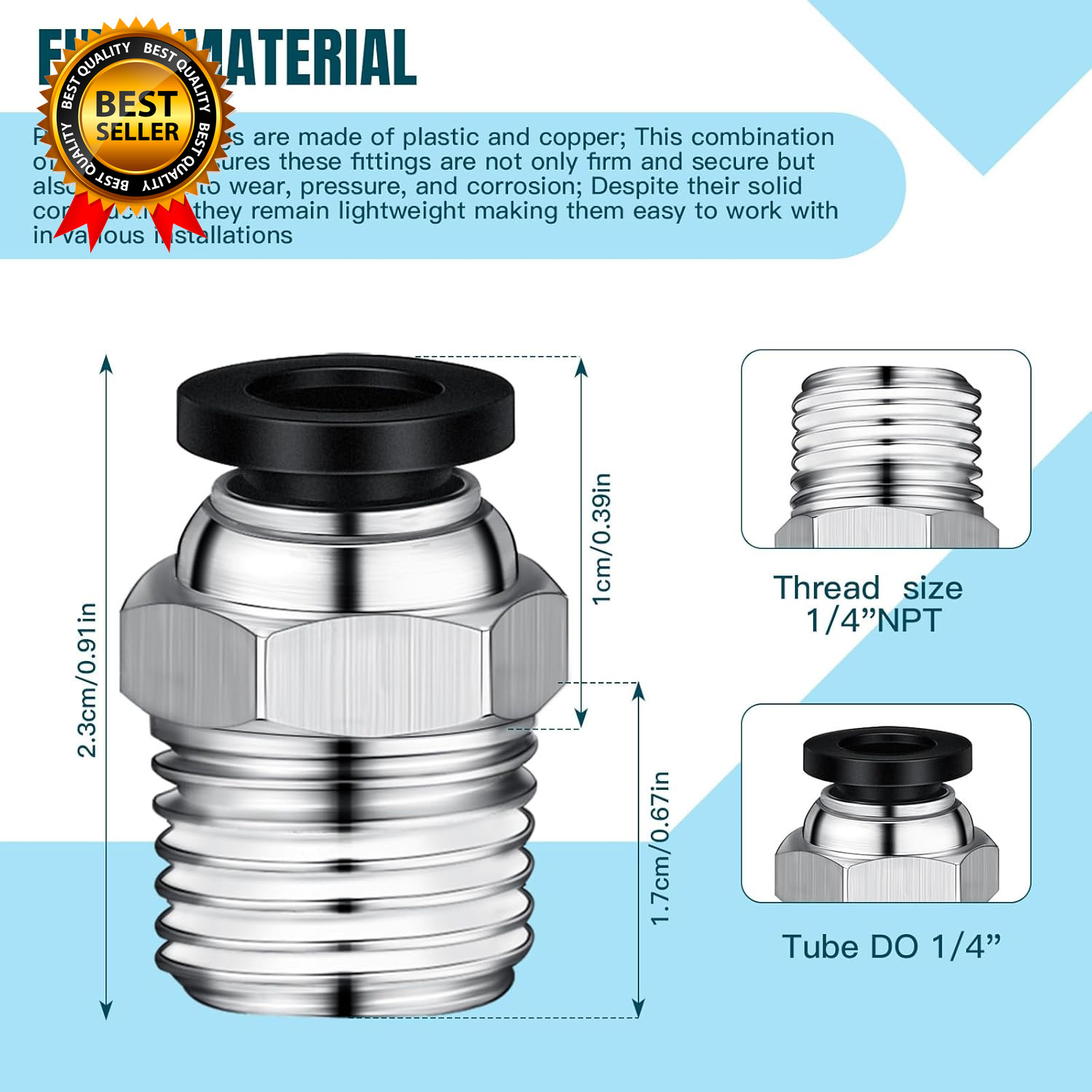 12 Pcs Push to Connect Fittings 1/4 Inch Tube OD X 1/4 NPT Air Line Pneumatic