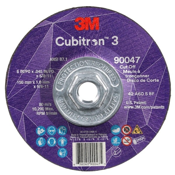 3M Cubitron 90032 Abrasive Cut-Off Wheel, Type 1, 3 In Dia, 0.045 In Thick, 3/8