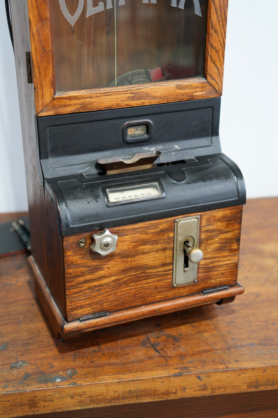 Antique Time Recorder Vintage Time Card Clock Oak Cabinet Olympia wood