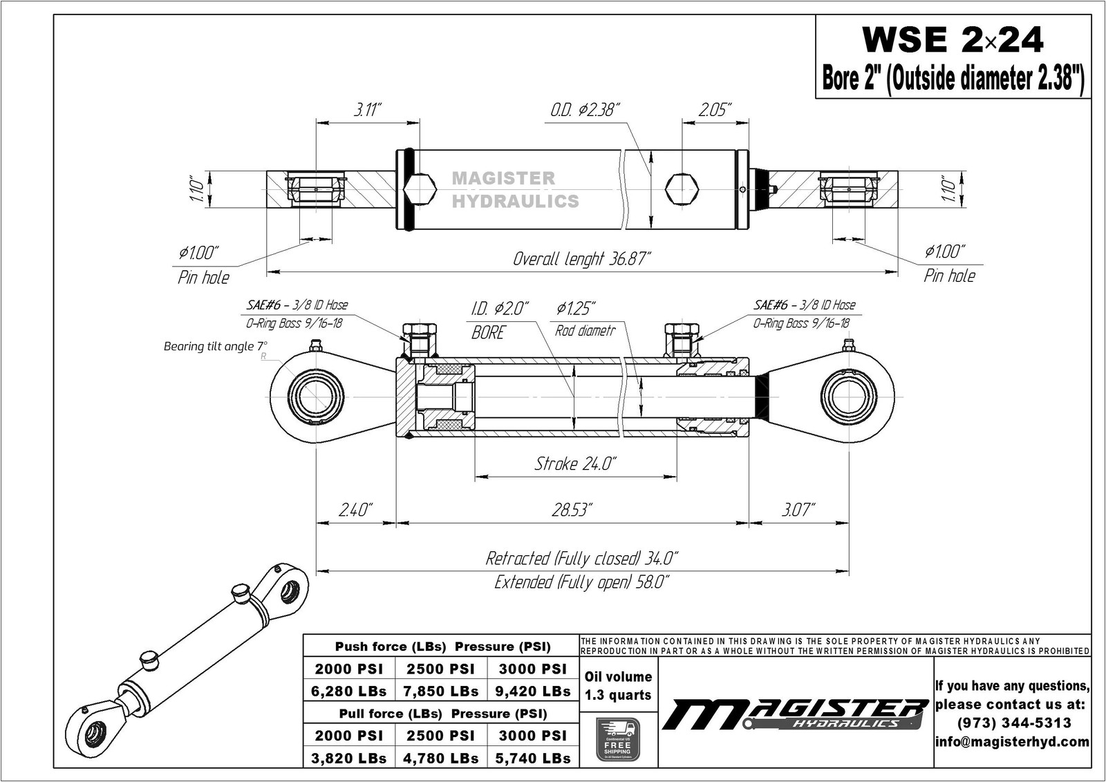 Hydraulic Cylinder Welded Double Acting 2″ Bore 24″ Stroke Swivel Eye End 2×24