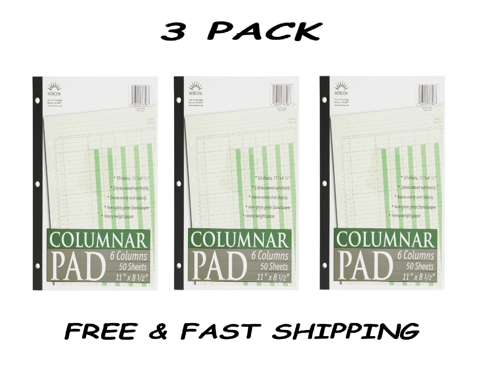 ( 3 PACK) Columnar Ledger Pad, 6 Columns, 8.5″ X 11″, Letter Size, 50 Sheets