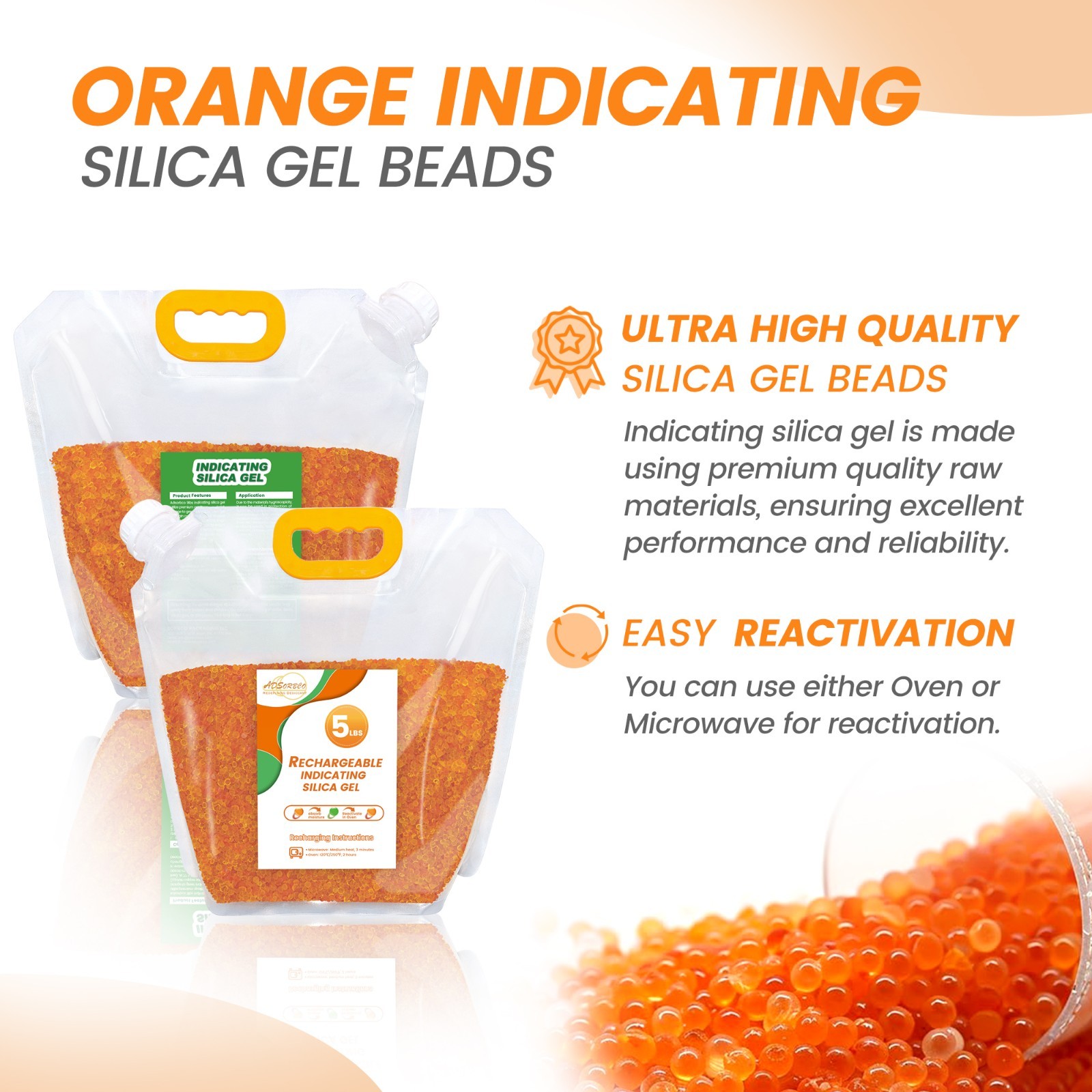 5 LBS Adsorbco Desiccant Beads, Indicating Silica Gel Beads (orange to green)