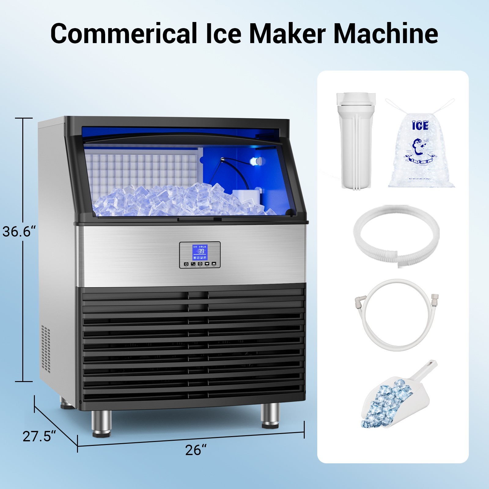 Commercial Ice Maker Machine 450LBS/24H Under Counter Ice Machine 120LBS Storage