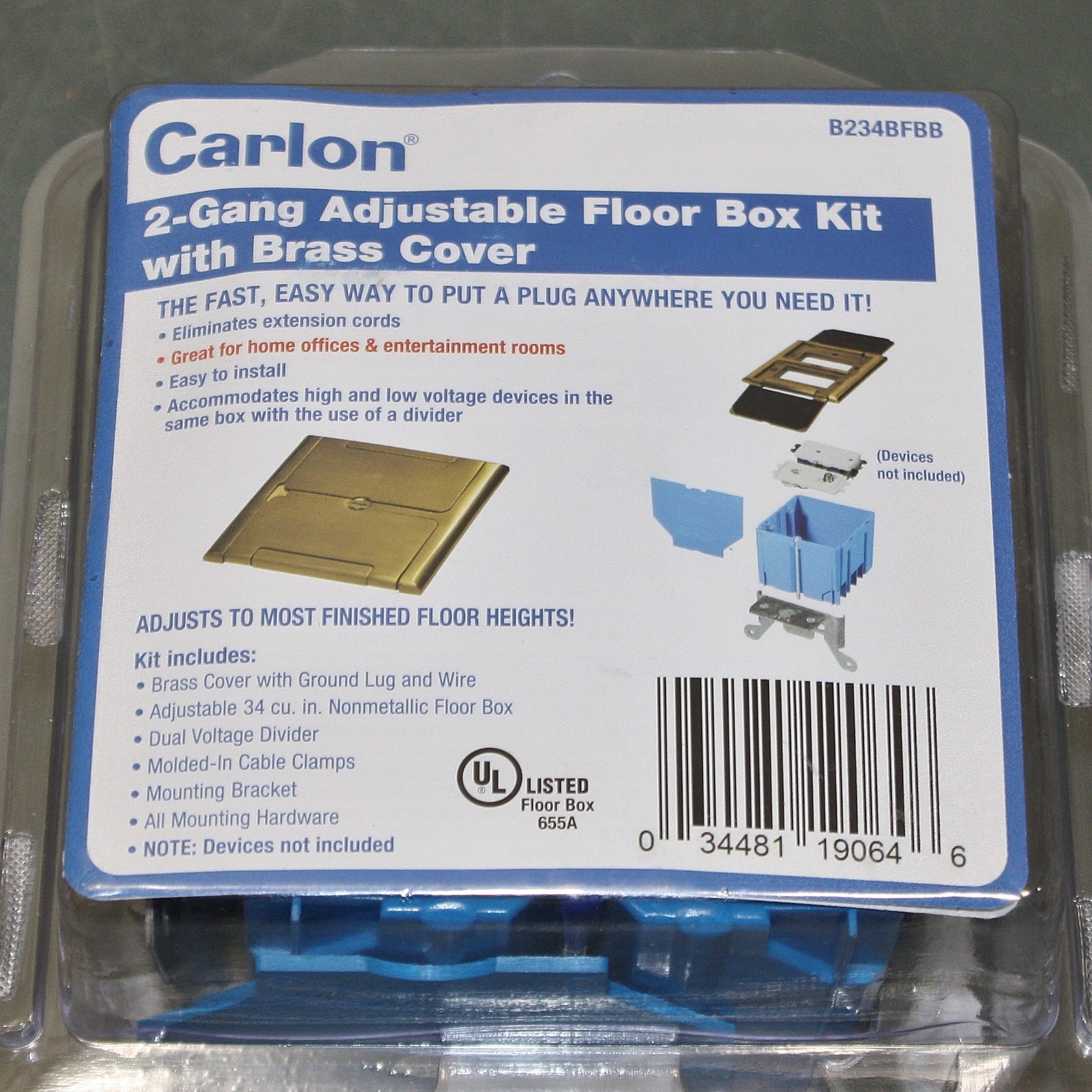 T&B Carlon Adustable Floor Box B234BFBB, 2-Gang, Brass, Plastic, 34 cu in