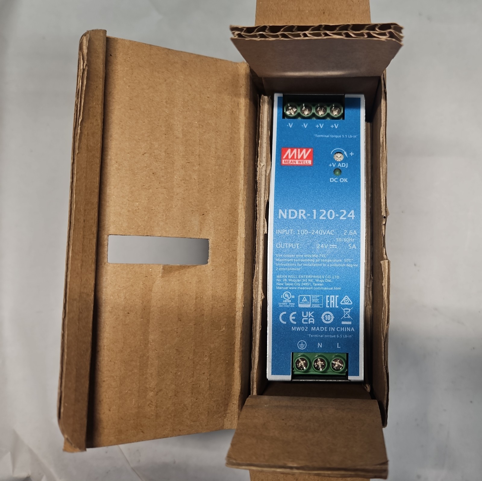 MW MEAN WELL NDR-120-24 120W / 24V DC Power Supply, DIN Rail, PFC. AC/DC Input.