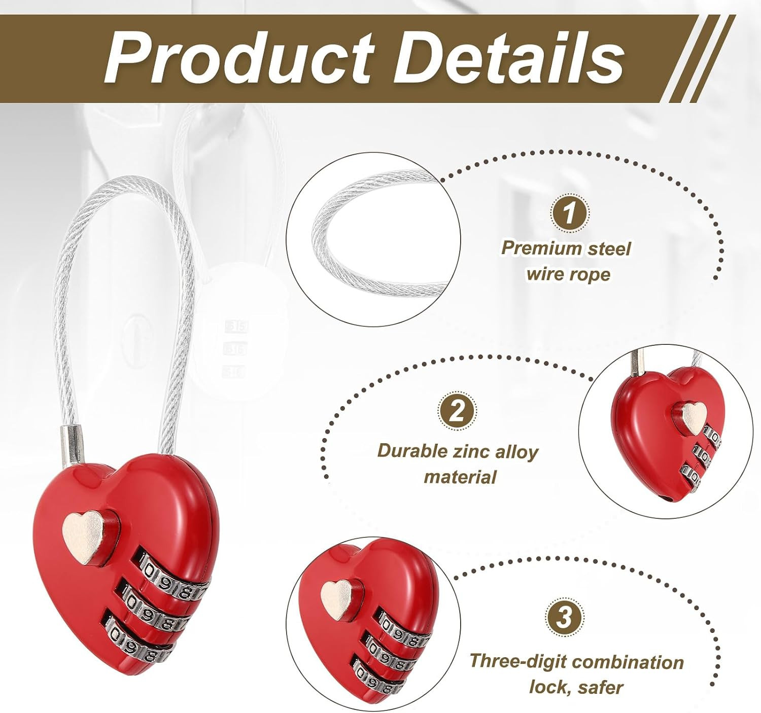 2-Pack Combo Padlock Heart 3-Digit Password, Red | Zinc Alloy Cable