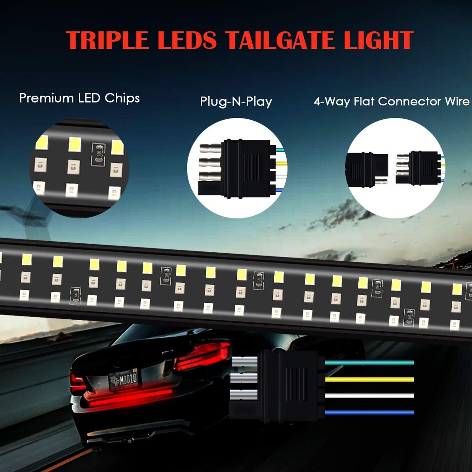 60 Inch Triple Row 432 LED Truck Tailgate Light Bar Strip, Red Running Brake …