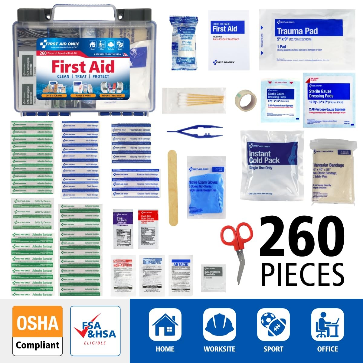 First Aid Kit, OSHA Compliant, 260 Pc for 50 People, Home/Car/Work