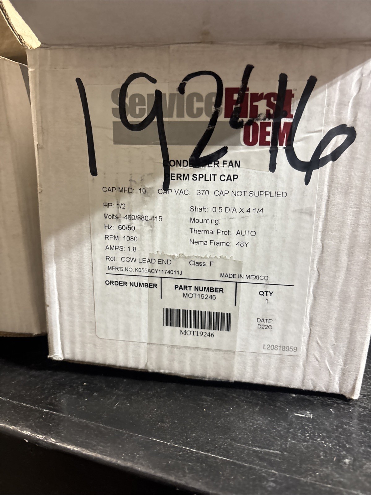 Condenser Fan Perm Slip Cap Mo Motor 1/2 HP 1080 RPS 460/380-116 115V