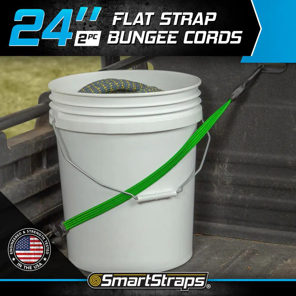 24 In. Green Flat Strap Bungee Cord with Hooks – 2 Pack