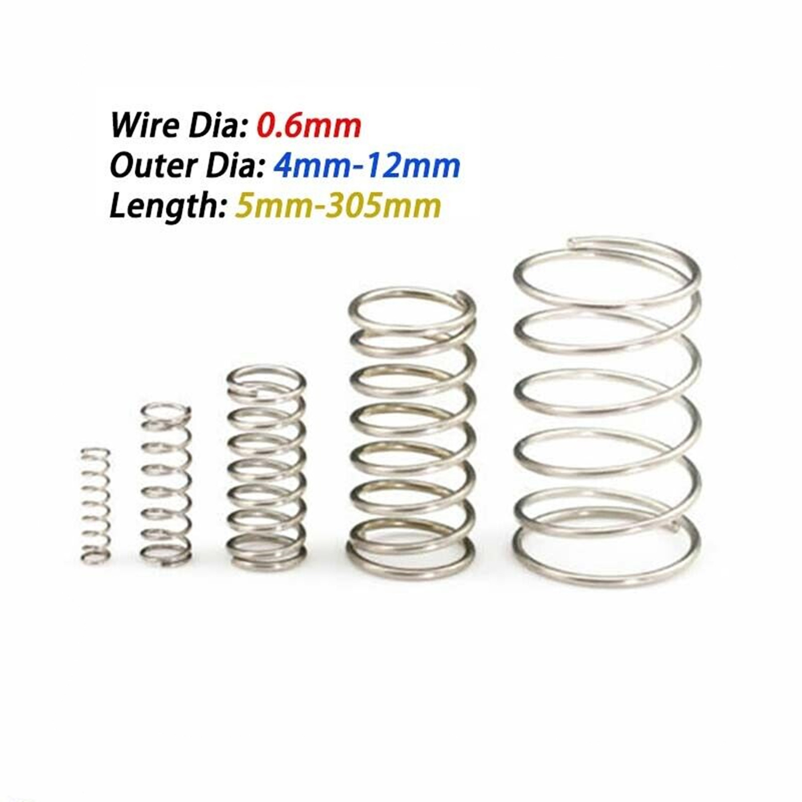10 Pcs 304 Stainless Steel Spring Compression Pressure Springs 0.6mm Wire Dia.