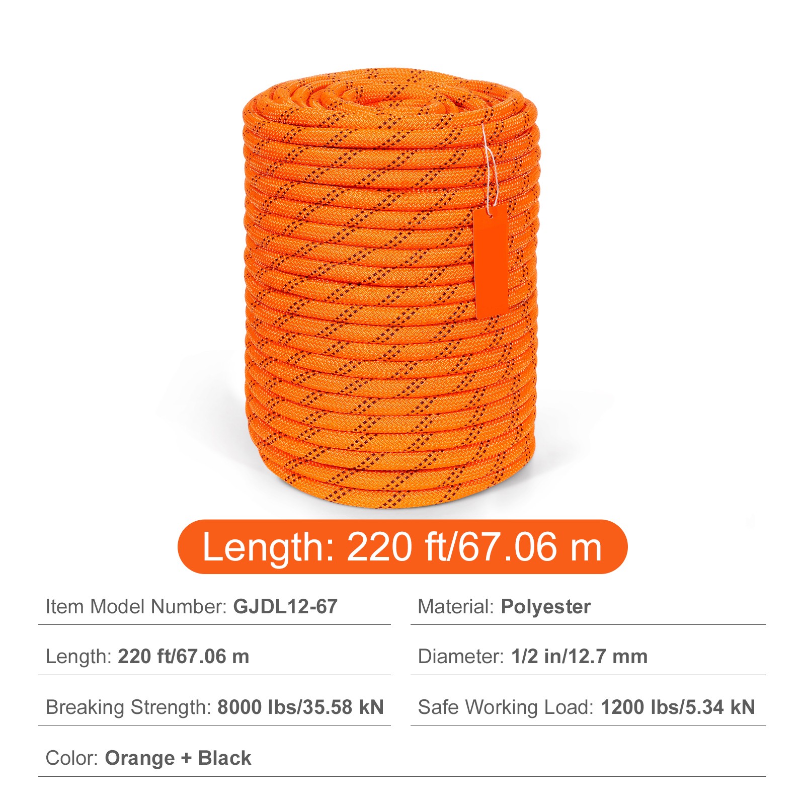 VEVOR Arborist Tree Climbing Rope Double Braid Polyester 1/2″ x 220′ 48-Strand