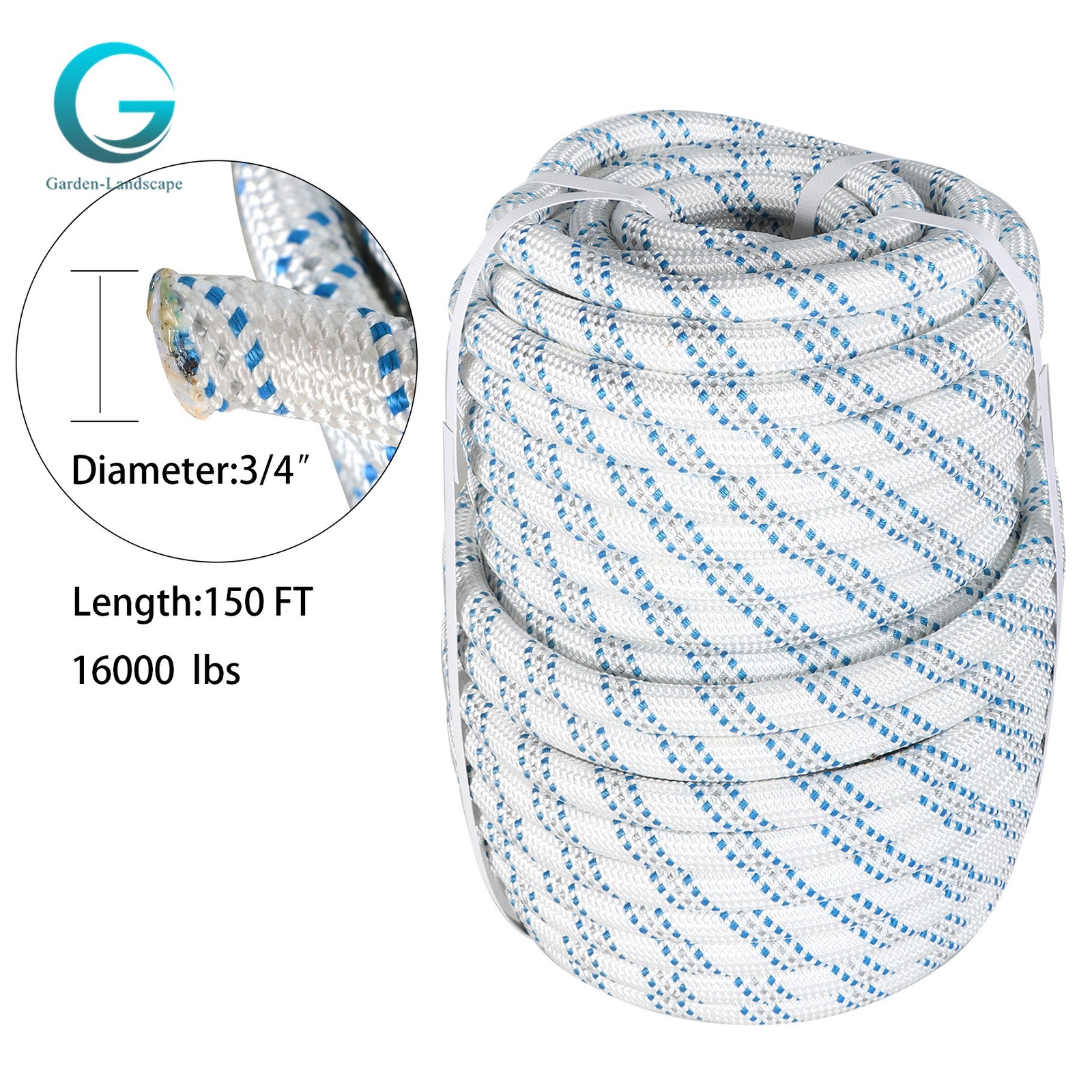 3/4 Inch Braided Polyester Rope 150 Ft Rigging Rope 16,500 Lbs Tensile Strength