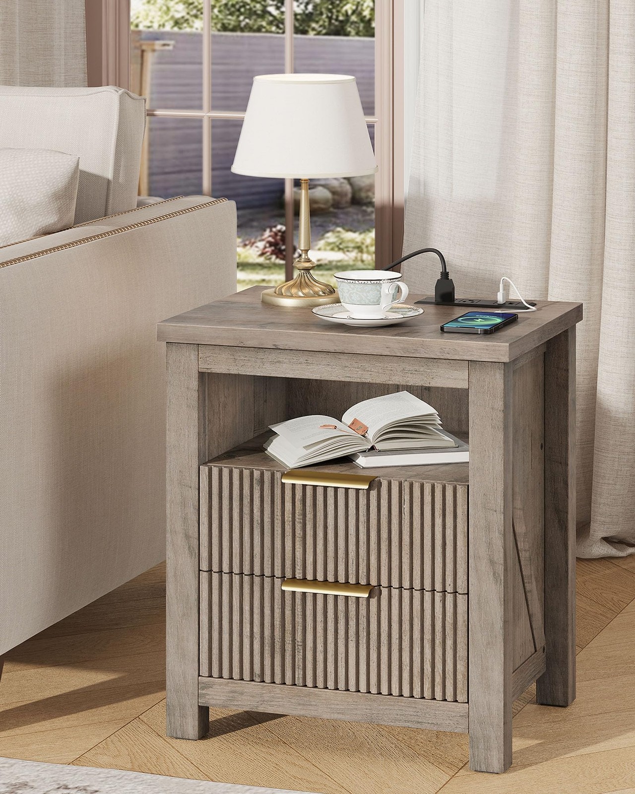 Fluted Nightstand Set of 2 with Charging Station and 2 Drawers