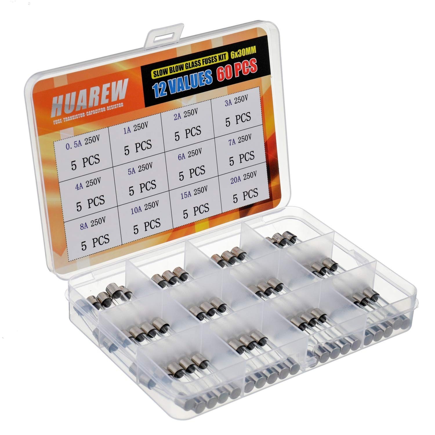 60 Pcs Slow Blow Glass Fuses Assortment Kit 6×30 mm 250V 0.5A to 20A – 12 Values