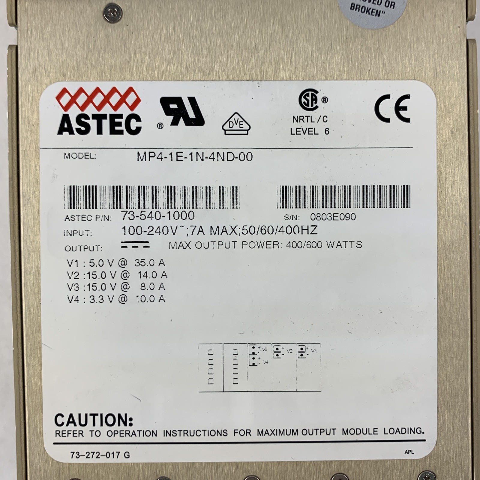 ASTEC 1E-1N-4ND-00 Industrial 600W Power Supply MVP Series 73-540-1000 Powers On