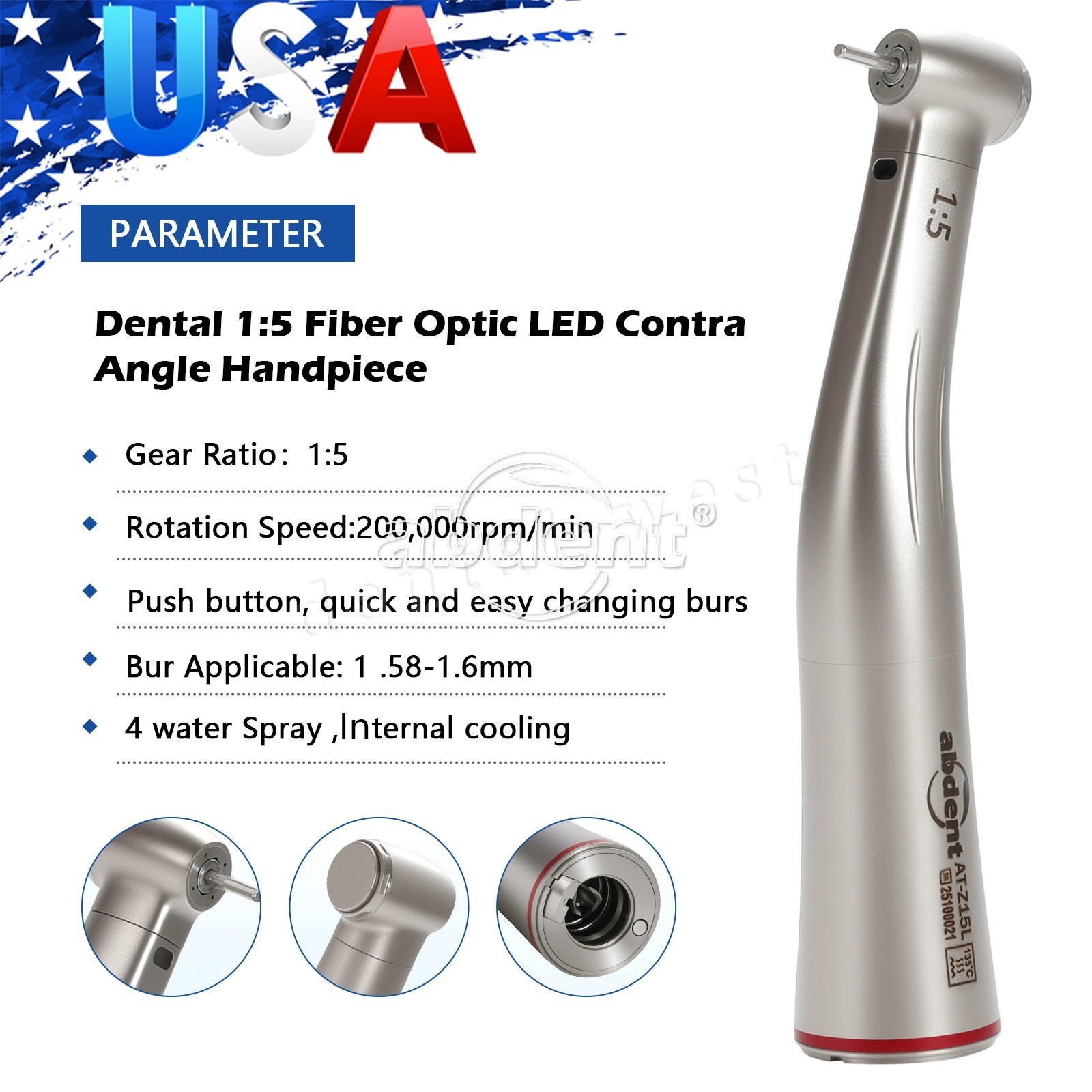 Dental 1:5 LED Fiber Optic Increasing Contra Angle NSK Style CE FDA