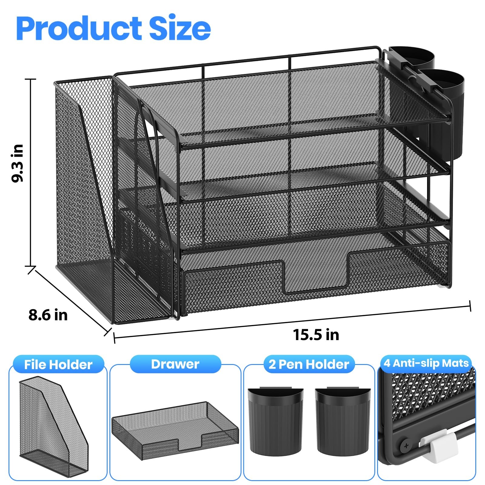 OPNICE Desk Organizer, 4-Tier Desktop File Organizer with Drawer 4T, Black