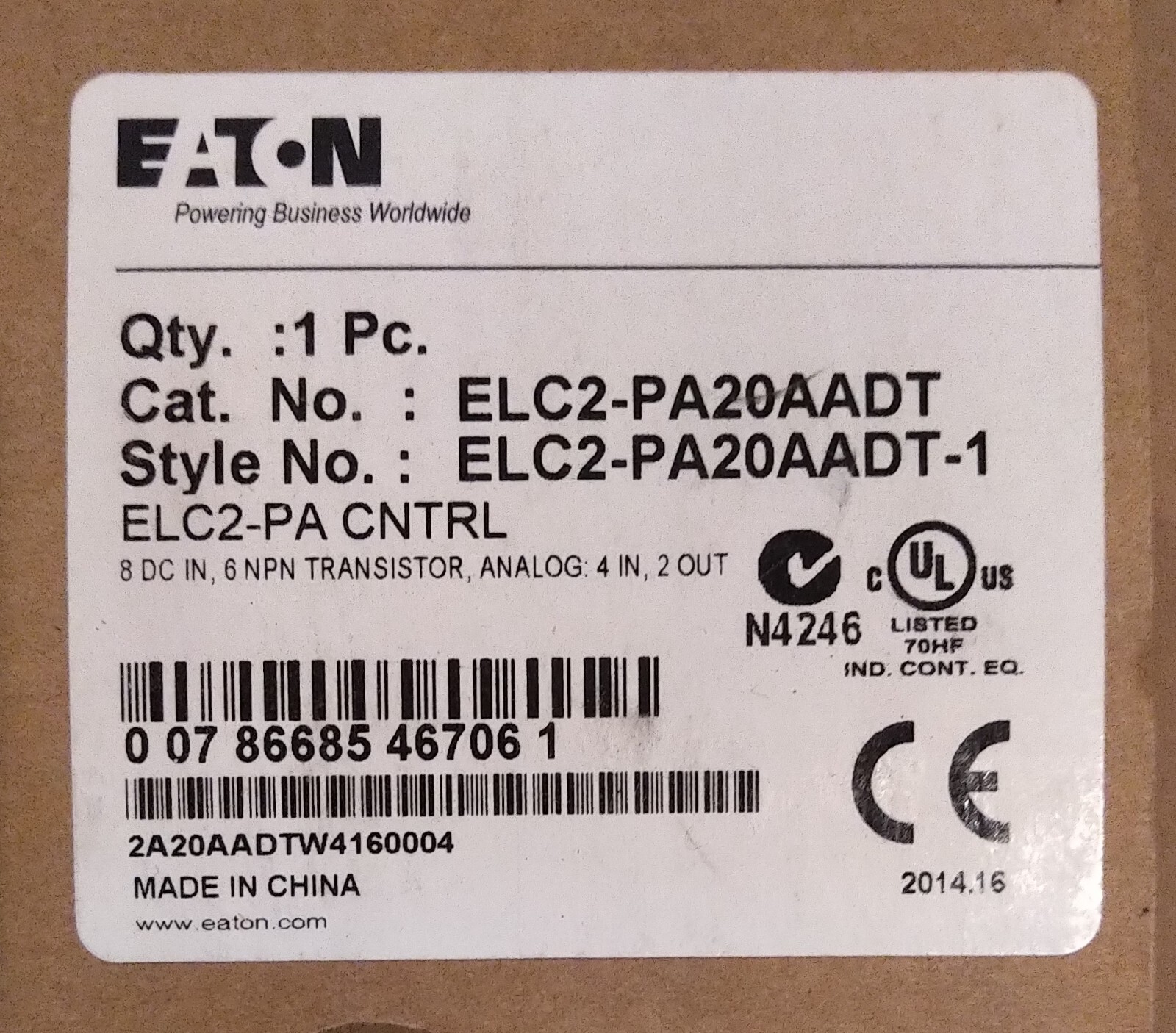 EATON, ELC2-PA20AADT, PLC WITH ANALOG AND DIGITAL I/O, NEW BUT OLD