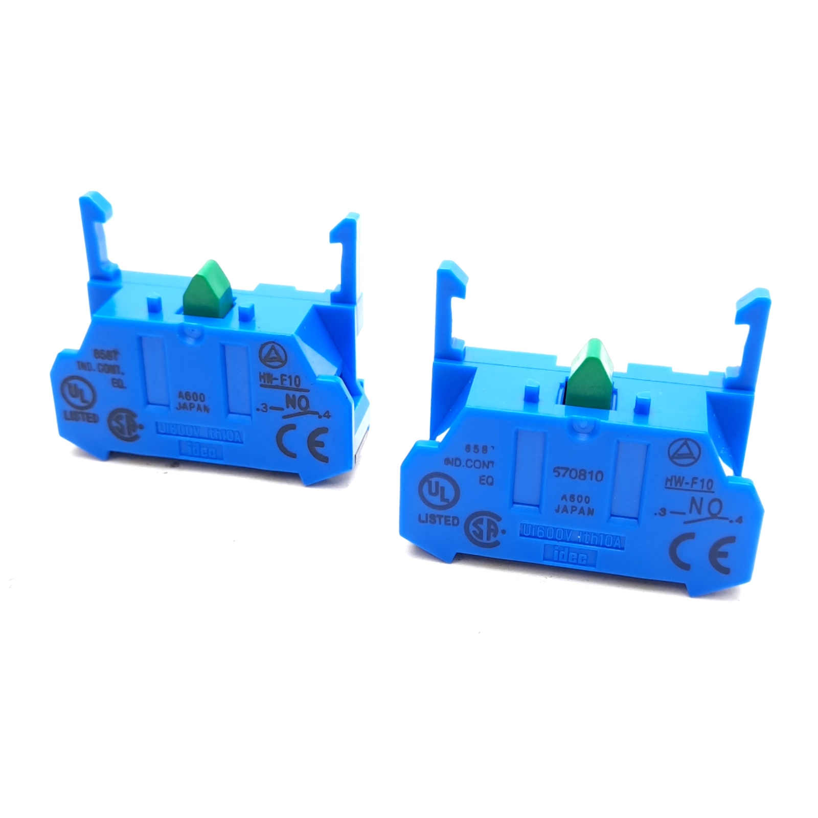 Lot of 2 Idec HW-F10 Switch Contact Blocks, SPST-NO, 600V 10A, Screw Clamp