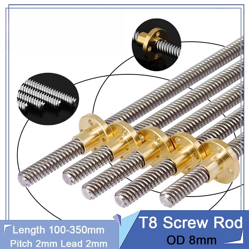 T8 Lead Screw Rod OD 8mm Pitch 2mm Lead 2mm Length 100-350mm with Brass Nut CNC
